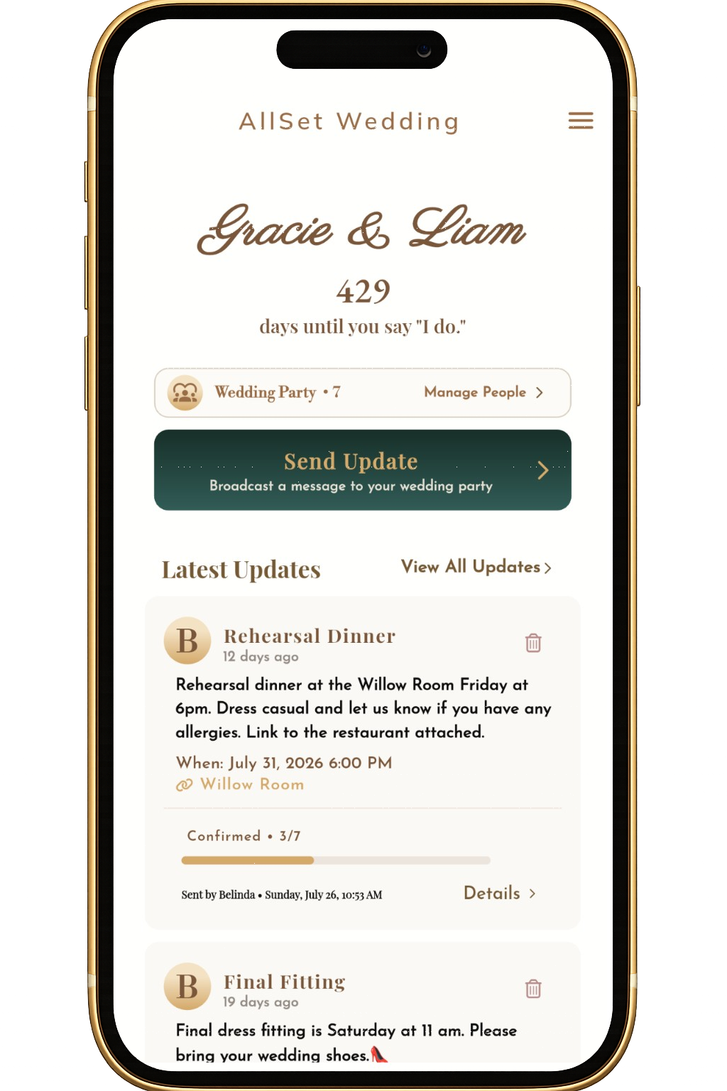 AllSet Wedding couple dashboard shown on a phone